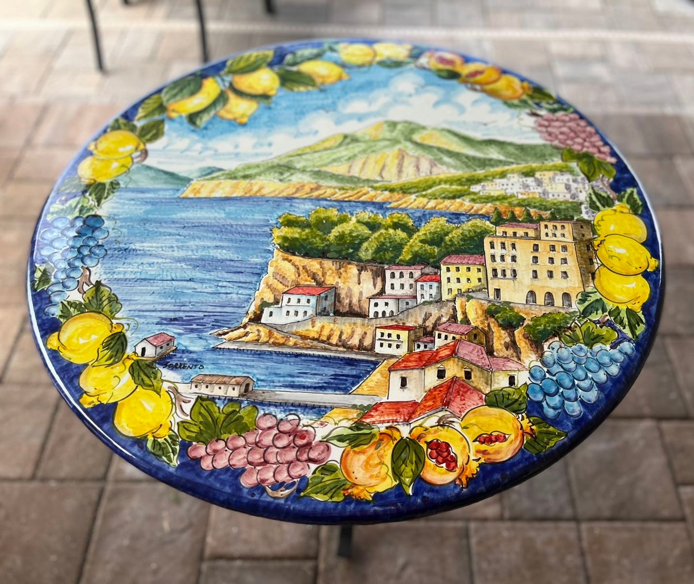 新品 IRON TABLE mini LAVALAVA custom Hand-painted Volcanic Stone Table: Sorrento Landscape, Iron Base