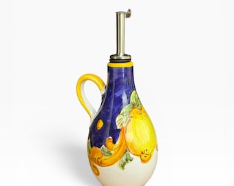 Hand Painted Lemon Olive Oil Dispenser Bottle 8.5 oz Italian Ceramic | Made in Italy Cruet for Kitchen, Vinegar, Salad Oil