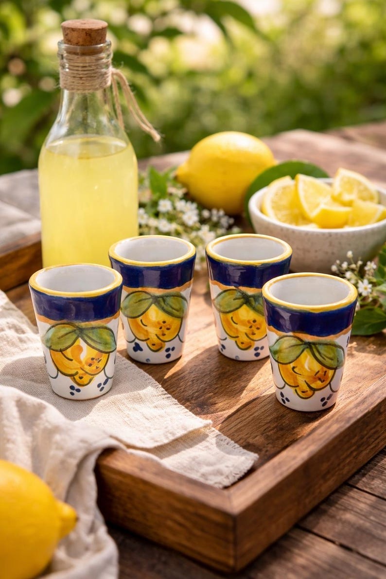 May include: Four small ceramic shot glasses with a yellow lemon design, blue rim, and white base sit on a wooden tray. A bottle of yellow liquid and a bowl of lemon slices are also present, suggesting a refreshing beverage.