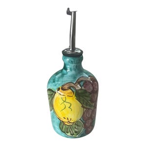 Hand-Painted Ceramic Olive Oil Bottle: Italian Pottery Decanter with Lemon & Grapes