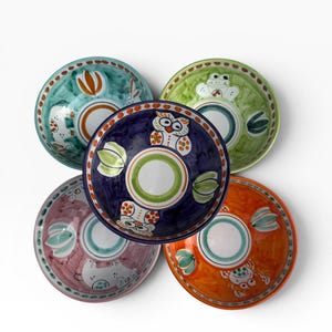 May include: Five ceramic bowls arranged in a cluster, each featuring a unique hand-painted animal motif including an owl, frog, and crab. The bowls are glazed in vibrant colors of teal, green, purple, pink, and orange with floral accents.