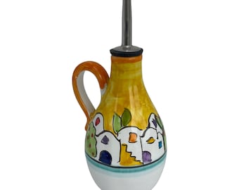 Ceramic Oil Bottle | Italian Pottery | Ceramic Oil Holder  | Kitchenware Made in Italy | Oil Cruet | Pottery with Houses