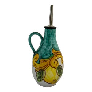 Ceramic Olive Oil Bottle | Italian Oil Decanter | Lemon Painted Cruet | Pottery Made in Italy | Holds 8.5 oz