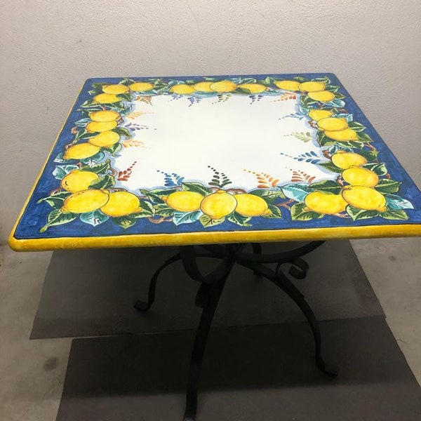 Italian Volcanic Outdoor Table With Iron Base Blue Lemon Decorated Design