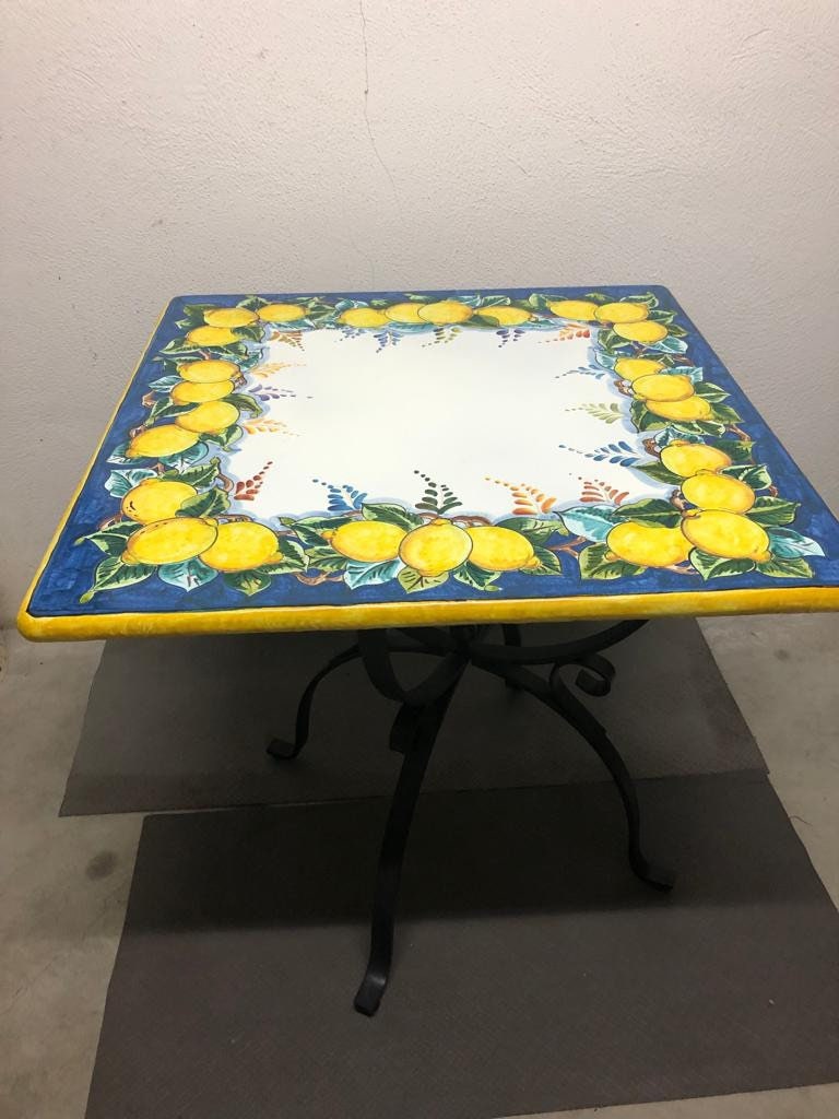 Italian Volcanic Outdoor Table With Iron Base Blue Lemon Decorated Design