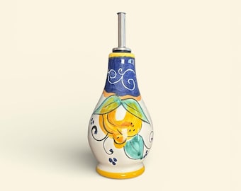 Botella de aceite de oliva de cerámica / Decantador italiano con diseño de limón / Vinagrera hecha en Italia / Botella de aceite con asa
