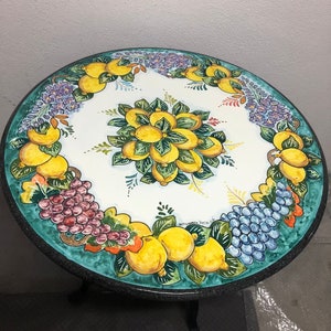 Italian Volcanic Outdoor Table With Iron Base Lemon Decorated Design