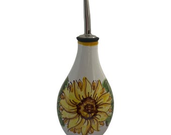 Botella de cerámica para aceite de oliva: Decantador italiano con girasol pintado a mano