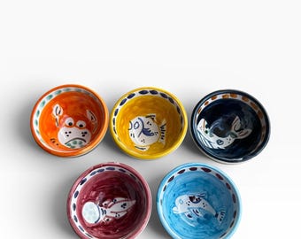 Juego de 5 cuencos de aceite italianos pintados a mano – Cuencos de cerámica de 8,9 cm (3,5 pulgadas) para mojar – Diseño de animales – Hecho en Italia
