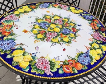 Italian Outdoor Table + Iron Base | Volcanic Table | Lemon Outdoor Table | Hand Painted Table | Italian Patio Table | Lemon Patio Decor
