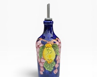 Botella de aceite de oliva de cerámica pintada a mano: Decantador italiano de limón y uva