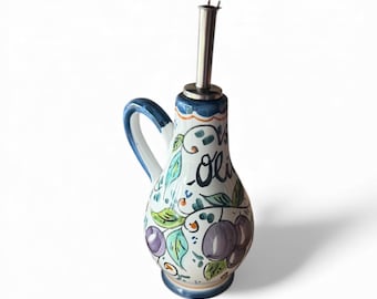 Botella de aceite de oliva de cerámica italiana pintada a mano, dispensador "Olio" con pico, decoración de cocina mediterránea, hecho en Italia.