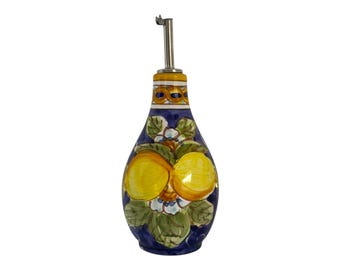 Hand Painted Lemon Olive Oil Dispenser Bottle 8.5 oz Italian Ceramic | Made in Italy Cruet for Kitchen, Vinegar, Salad Oil