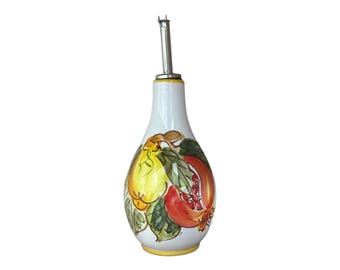 Hand Painted Lemon and Pomegranate Olive Oil Dispenser Bottle 8.5 oz Italian Ceramic | Made in Italy Cruet for Kitchen, Vinegar, Salad Oil