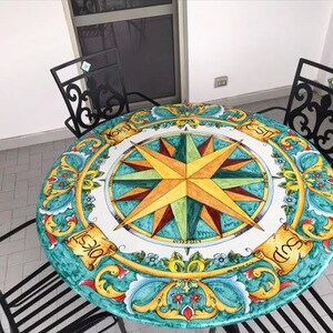 May include: A round, turquoise table with a white compass design and floral accents. The table is made of ceramic and has a glossy finish. The compass design features the words "Nord", "Sud", "Est", and "Ovest" in a decorative font.