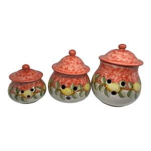 Pode incluir: Conjunto de três potes de cozinha de cerâmica com tampas vermelhas e um motivo de limão. Os potes são de tamanhos diferentes e têm furos nas laterais para ventilação.