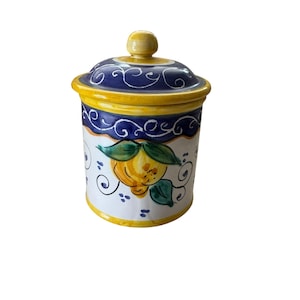 Latas de limão italiano | Potes de cerâmica pintados à mão | Fabricado na Itália | Decoração de cozinha mediterrânea | Armazenamento de cerâmica azul e amarela