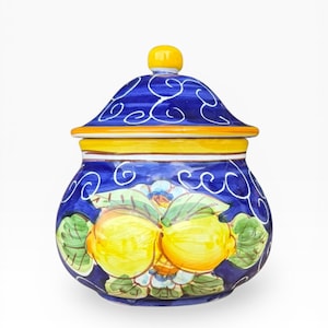 Italian Lemon Garlic Jar with Holes | Hand Painted Ceramic Garlic Keeper, Made in Italy Blue & Yellow Kitchen Decor