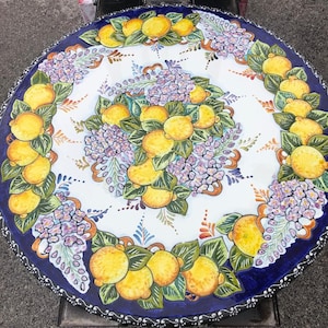 Hand-Painted Volcanic Stone Outdoor Table: Lemon Decor, Iron Base