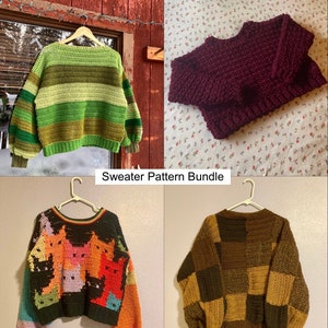 May include: A bundle of four crochet sweater patterns. The patterns include a striped green and brown sweater, a solid maroon sweater, a colourful sweater with a cat design, and a brown and green chequered sweater.