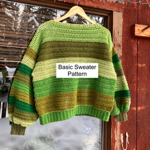 Op de afbeelding: Een groene, bruine en gele gestreepte gehaakte trui met een v-hals en lange mouwen. De trui hangt aan een houten hanger tegen een rode houten muur. De tekst "Basic Sweater Pattern" staat op een wit rechthoek in het midden van de afbeelding.