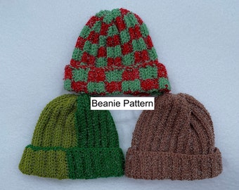 PATTERN Crochet Beanie (Carreaux, Moitié-Moitié, Basique)