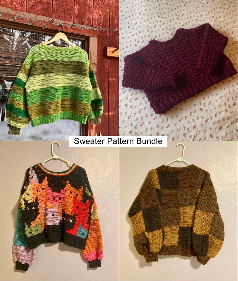 May include: A bundle of four crochet sweater patterns. The patterns include a striped green and brown sweater, a solid maroon sweater, a colourful sweater with a cat design, and a brown and green chequered sweater.