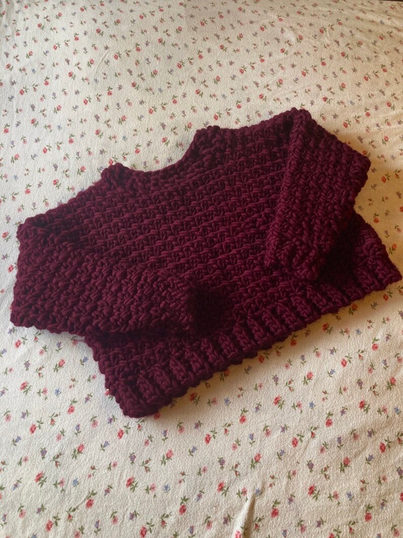 May include: A maroon crocheted sweater with a loose fit and a round neckline.