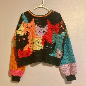 May include: A colourful crocheted sweater with a cat pattern. The sweater is black with multi-coloured cat faces and has long sleeves with a crocheted cuff.