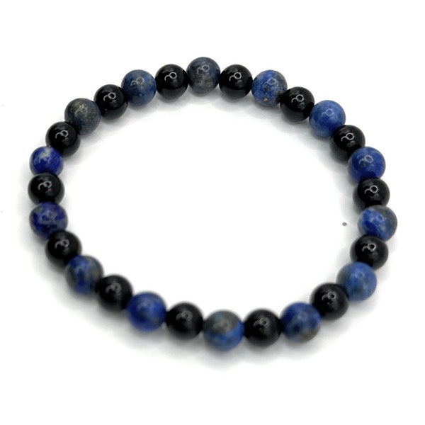 Lapis Lazuli, Black Onyx Beaded Bracelet, Handmade, Stretch, 6mm Beads