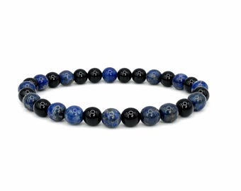 Lapis Lazuli + Black Onyx Stretch Bracelet 6mm • No Clasp • Wisdom & Protection Crystal Jewelry • Handmade