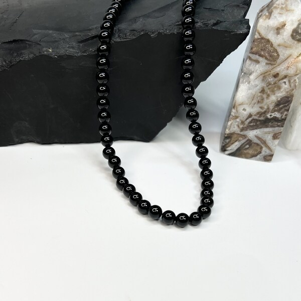 Black Onyx Beaded Necklace - 6mm, Women's Necklace, Men's Necklace, Grounding, Protection, Confidence, Onyx, Growth, Stretch, Depression