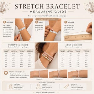 May include: A stretch bracelet measuring guide infographic featuring text instructions, a ruler showing inches, and size charts for wrist measurements. It includes visual examples of snug, comfort, and relaxed fit bracelets on a wrist.