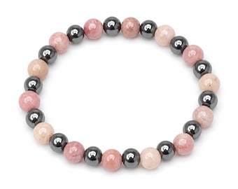 Rhodochrosite, Hematite Stretch Bracelet 6mm • Love & Strength Crystal Jewelry • Handmade