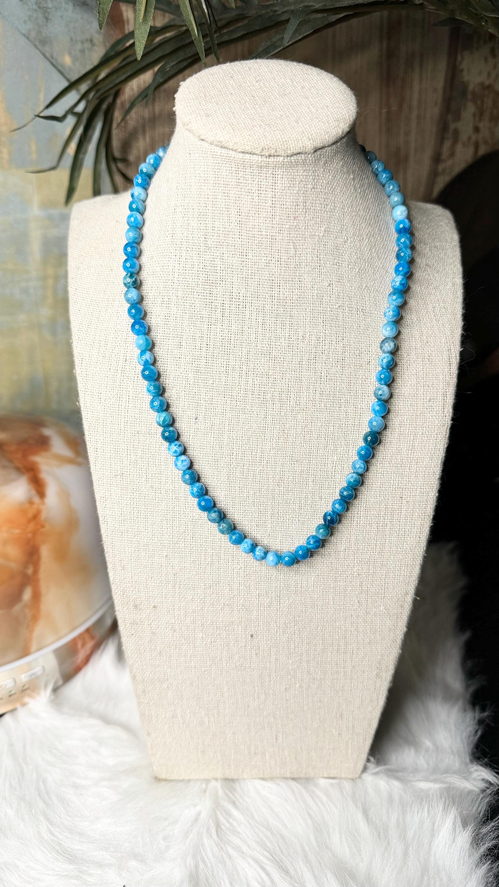 Blue Apatite Beaded Necklace – 6mm | Handmade, Stretch, Gemstone, Jewelry, Natural, Cleansing, Intuition, Free Shipping & Gemstone