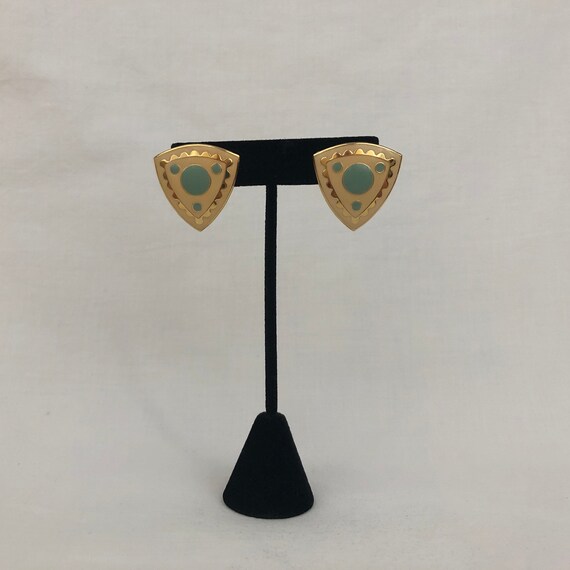 Retro Cream, Gold, and Teal Triangular Enamel Ear… - image 2