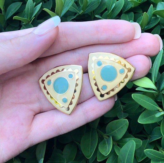 Retro Cream, Gold, and Teal Triangular Enamel Ear… - image 1