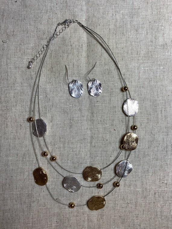 Silver and Gold Colored Fishing Line Necklace and Earring Set