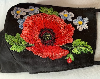 Black Poppy Fitted Floral Embroidered Reusable Face Mask, Ukrainian Slavic Design, Cross Stitch Face Covering, Black Linen Mask, SHIPS FREE!