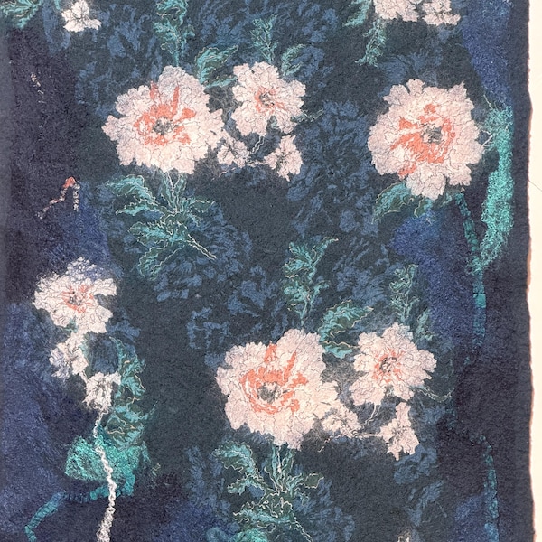 Hand Felted Merino Wool Scarf, Navy Floral Pink Peony, Wall Hanging