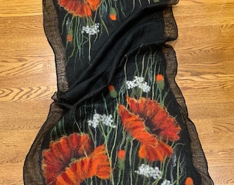 Hand Felted Poppy Scarf, Merino Wool Shawl, Flower Wrap, Last Minute Gift, Christmas Present for Her, Fancy Felt Attire, SHIPS FREE!