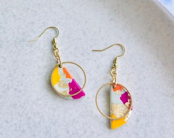 Isla/ Polymer Clay Statement Earrings/ Gift for her/ Gold plated/ Dangle Drop Earrings/ Half circle Earrings