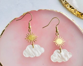 Cloud Small Dainty Earrings/ Celestial white cloud earrings/Gift for her/ Gold plated/ Dangle Resin  Drop Earrings/