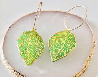 Spring Collection/Polymer Clay Earring/ Unique handmade leaf earrings/Gift for her/Leaf hoops