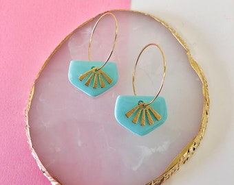 Aqua Sunburst Hoop Polymer Clay Statement Earrings/ Gift for her/ Gold plated/Mothers day/Giftformum/Giftforher/Mothersdaygift