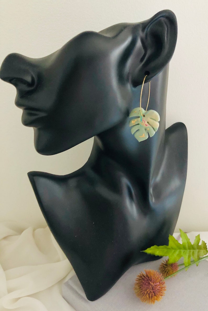 Monstera Leaf Earrings Polymer Clay Earrings Gold Plated Etsy