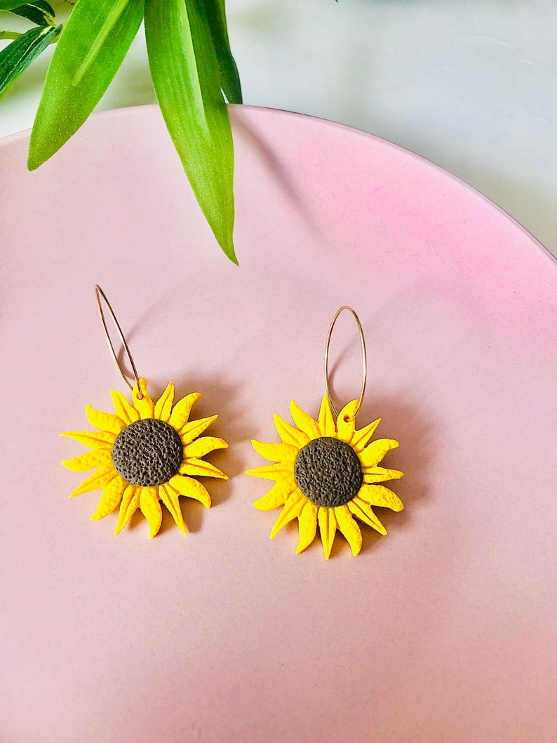 Ayla/ Polymer Clay Sunflower Statement Earrings/Gift for her/ Gold plated/Sunflower Hoop image 1