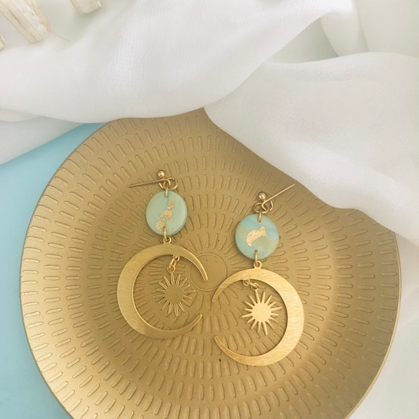 Layla Sun Moon Earrings/Handmade Earrings/ Dangle Earrings/Statement Earrings/Earrings/Polymer clay Earrings/ Gift for her
