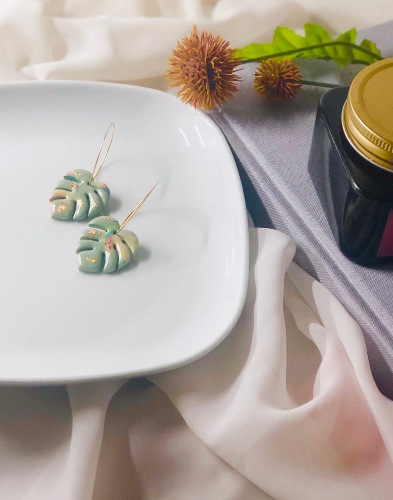 Monstera Leaf Earrings Polymer Clay Earrings Gold Plated Etsy