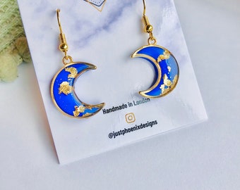 Spring Collection/Polymer Clay Earring/ Unique handmade moon earrings/Gift for her/Celestial Royal Blue Gold leaf earrings